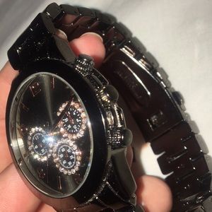 Rose gold & black watch with diamonds